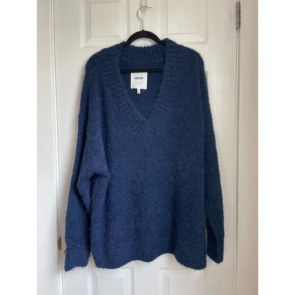 Aerie Womens Navy Blue Oversized Soft Fuzzy Sweater V Neck Size XL - Picture 1 of 6